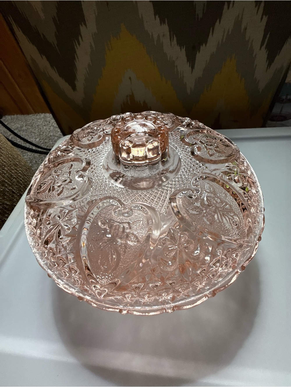 Vintage Depression Glass KIG Malaysia Candy Dish With Lid Pink hearts Floral - Picture 3 of 5